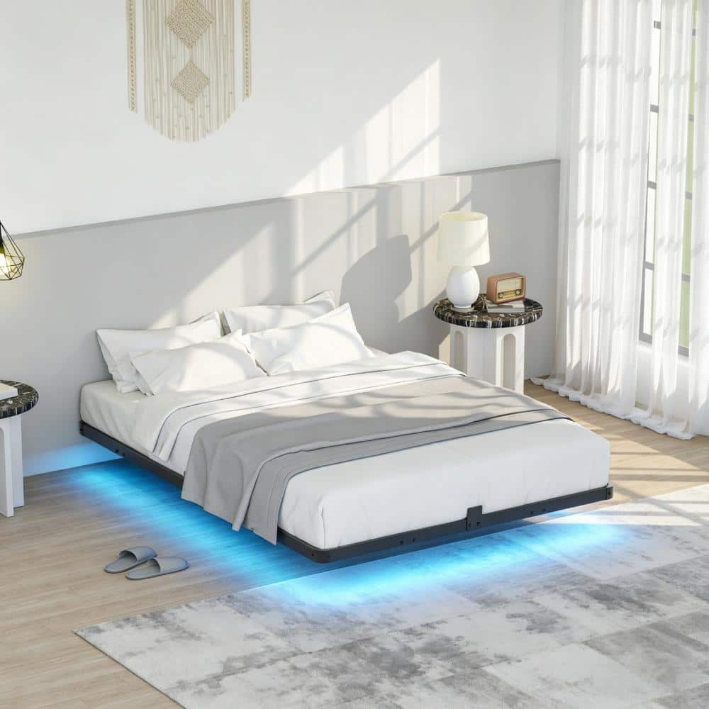 Lusimo 7.7 in. Black LED Floating Bed Frame Full Platform Bed SKUK58219 ...