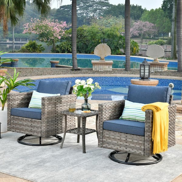 OVIOS Marvel Gray 3-Piece Wicker Wide Arm Patio Conversation Set with Denim Blue Cushions and Swivel Rocking Chairs