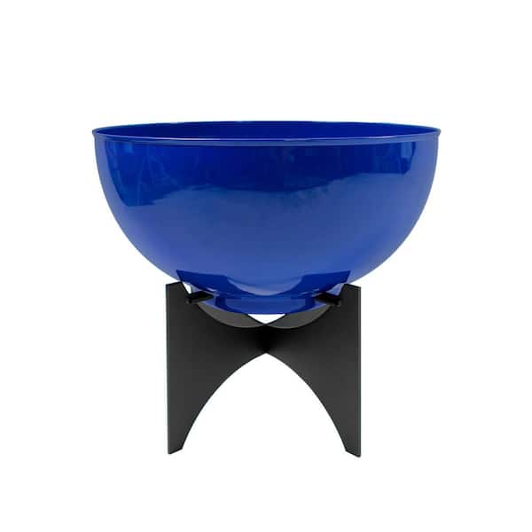 20 in. W x 18 in.H, Round French Blue Galvanized Steel Planter Bowl w/Black Wrought Iron Plant Stand, Indoor Outdoor Use