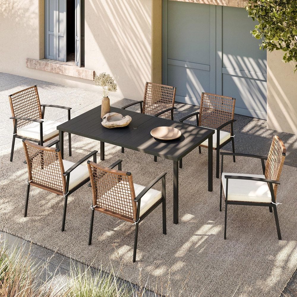 Brown 7-Piece Wicker Rectangular Outdoor Dining Set with Beige Cushions