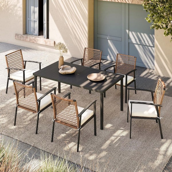 LAUSAINT HOME Brown 7-Piece Wicker Rectangular Outdoor Dining Set with Beige Cushions