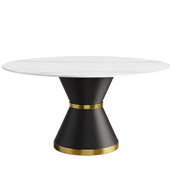 Magic Home 59.05 in. Round Sintered Stone Table Top Black Carbon Steel Pedestal Dining Table (Seats-8)