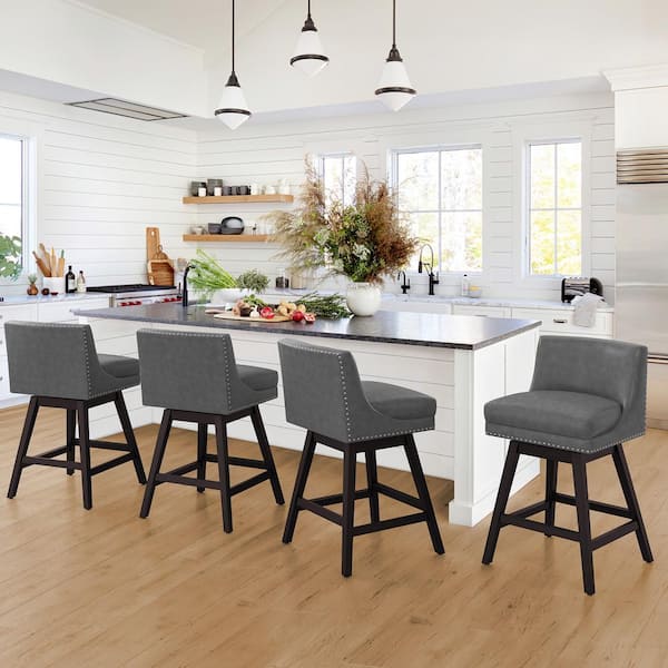 cozyman Zorro 27 in.Dark Gray Faux Leather Swivel Counter Stool Wood Frame Double Cushion Swivel Bar Stool Set of 4