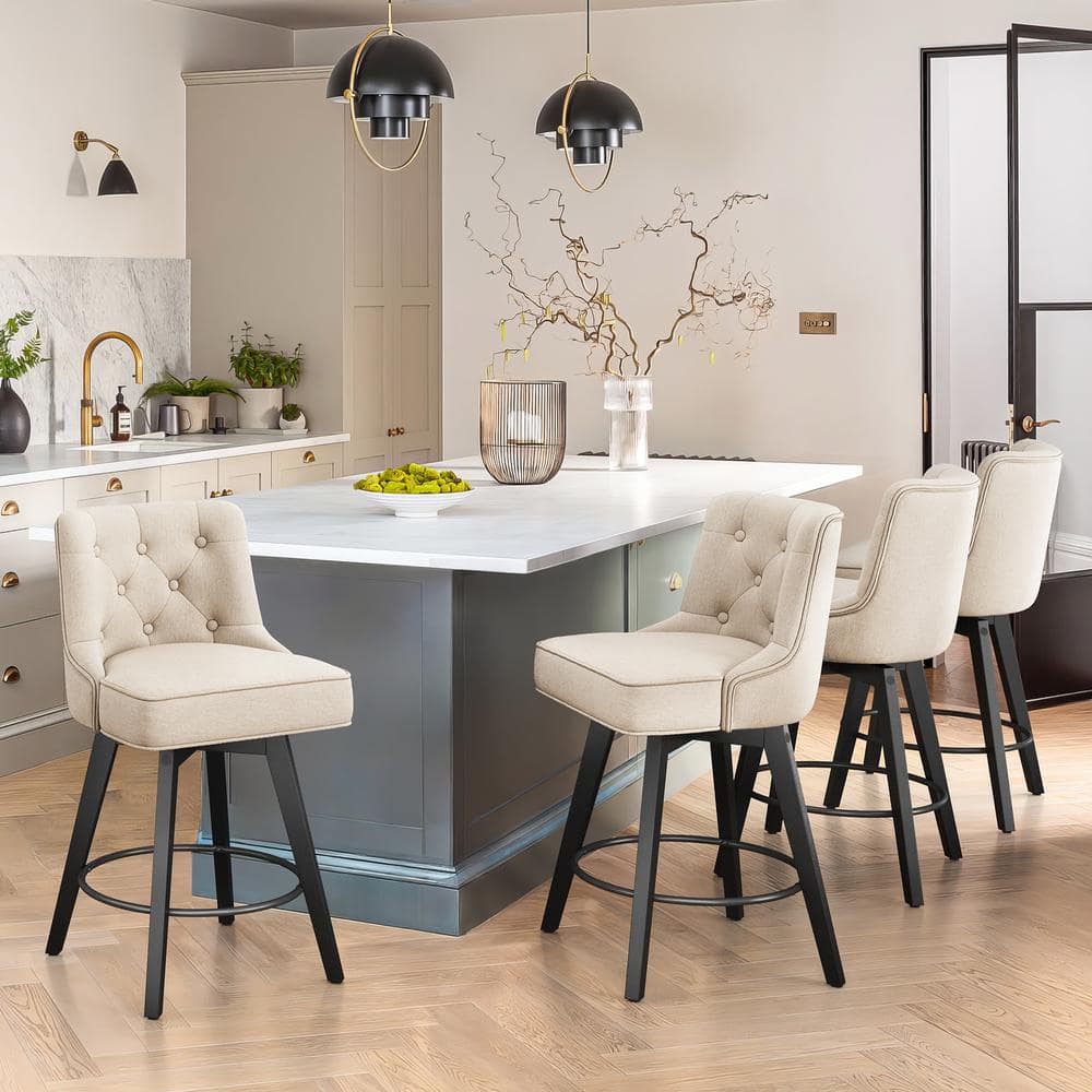 Beige Linen Upholstered Swivel Counter Stool with Solid Wood Frame