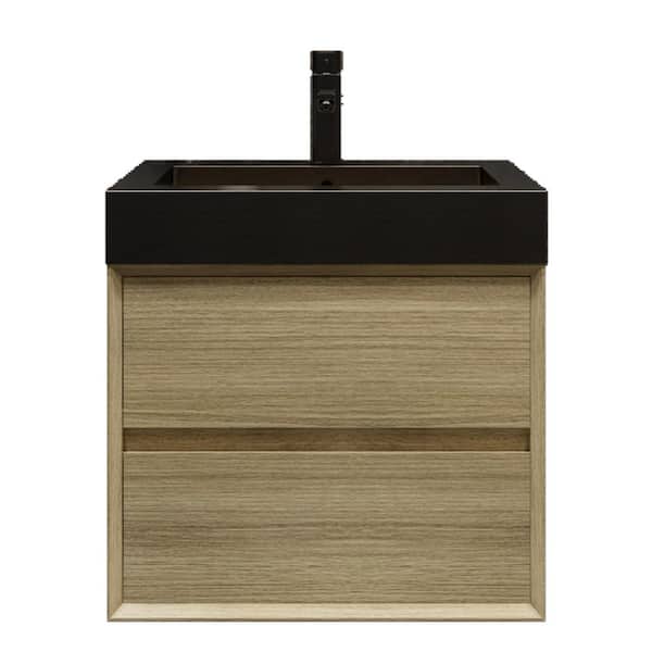 MIA 24 in. W x 20 in. D x 24 in. H Single Sink Floating Bath Vanity in Teak Oak with Black Stainless Steel Top