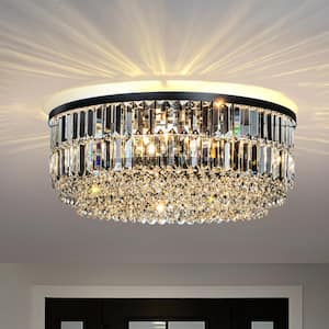 24 in. 5-Lights Modern Glam Matte Black Round Flush Mount with Clear Crystal Light