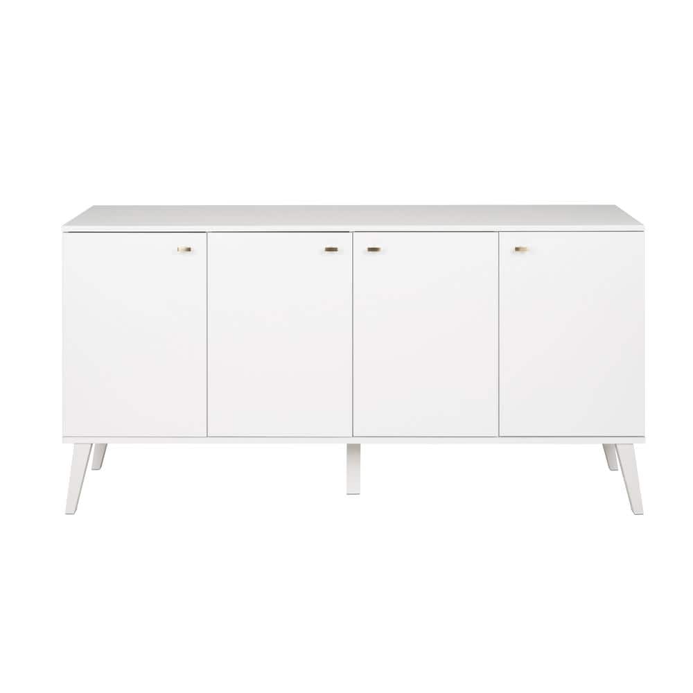 Milo Mid-Century Modern White 4-Door Buffet with Brass Knobs