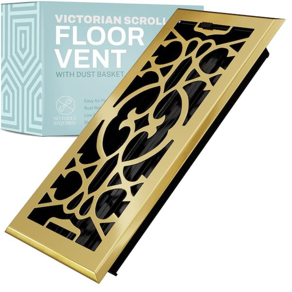 HOME INTUITION Victorian Scroll 2 in. x 10 in. Decorative Floor Register Vent with Mesh Cover Trap, Polished Brass