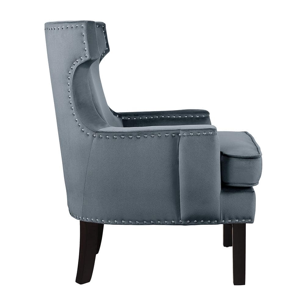 Gray Velvet Accent Chair with Studded Rivets and Saber Legs