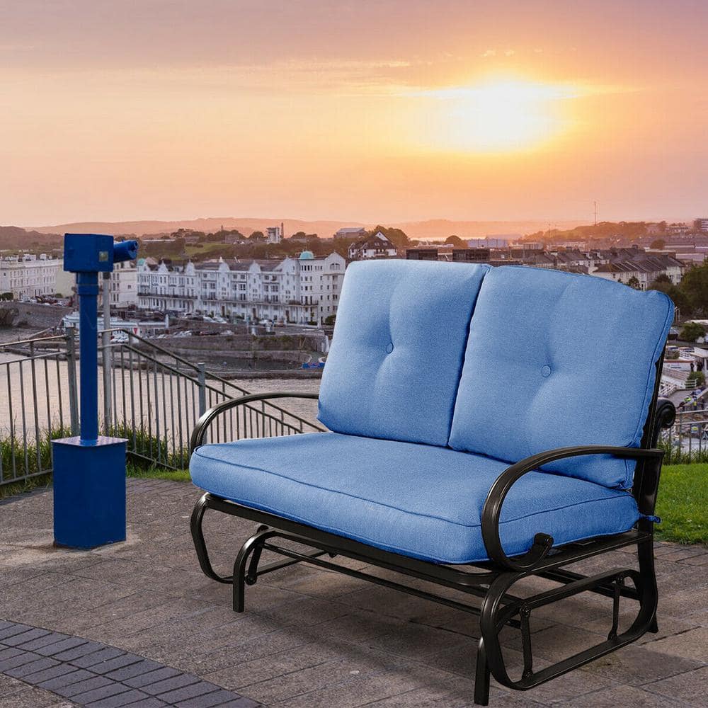 Blue Steel Outdoor Patio Rocking Bench Loveseat with Cushions