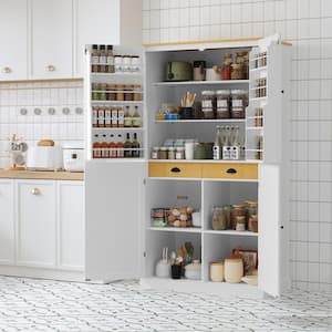 Freestanding White Kitchen Pantry Organizer, Cabinet 2 Adjustable Shelves, 2-Drawers, 8-Door Inner Shelves