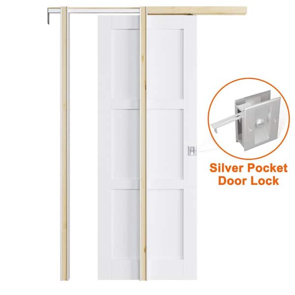 ARK DESIGN 28 in. x 80 in. Paneled 3-Lite White Primed MDF Pocket Sliding Door With Hardware Kit (Soft Close and Silver Lock Incl)