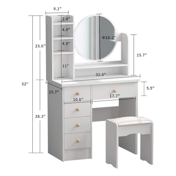 5 Drawers White Makeup Vanity Table Set, Vanity Table With Lighted Mirror And Storage