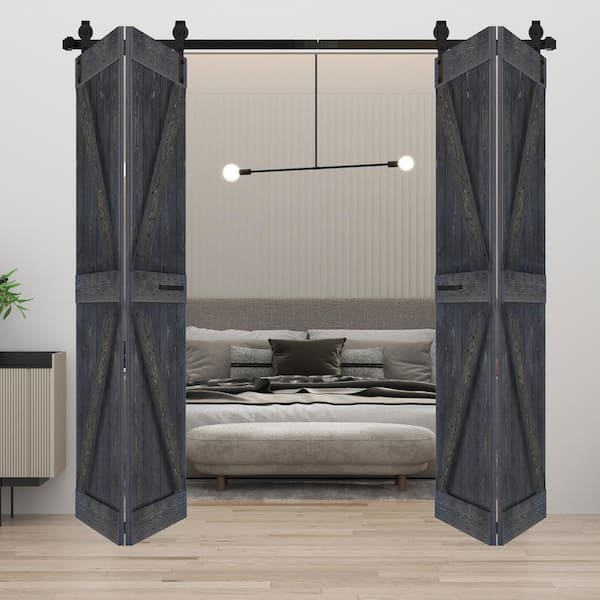 ISLIFE K Style 48 in. x 84 in. (12 in. x 84 in. x 4-Panels) Carbon Gray Solid Wood Bi-Fold Door W/ Hardware Kit-Assembly Needed