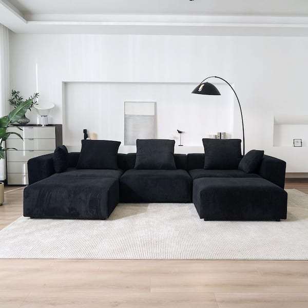 Magic Home Modern 142 in. Square Arm Corduroy Modular Combination U-shaped Oversized Large Sectional Sofa with 2 Ottomans in Black