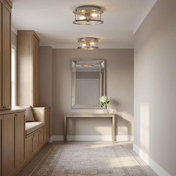 Lumra 13 in. W Brushed Nickel Transitional 2-Light Dimmable Flush Mount Light with Clear Glass Diffuser