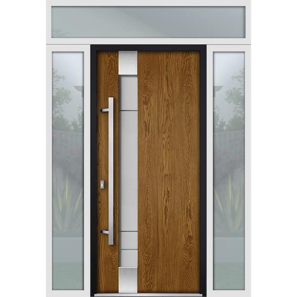 VDOMDOORS 68 in. x 96 in. Right-Hand/Inswing 2 Sidelight Transom Frosted Glass Oak Steel Prehung Front Door with Hardware