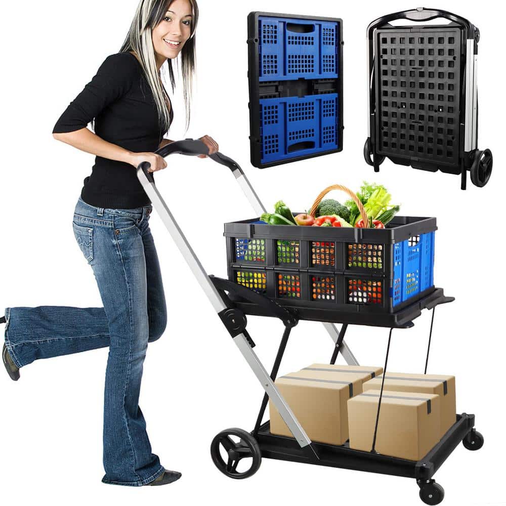 2-Tier Plastic 4-Wheeled Folding Serving Cart Utility Cart in Black with 20
