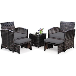 5-Piece Rattan Patio Furniture Set Chair and Ottoman Set with Grey Cushions