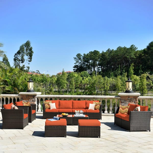 OVIOS Rimaru 12-Piece Wicker Outdoor Patio Conversation Seating Set with Orange Red Cushions