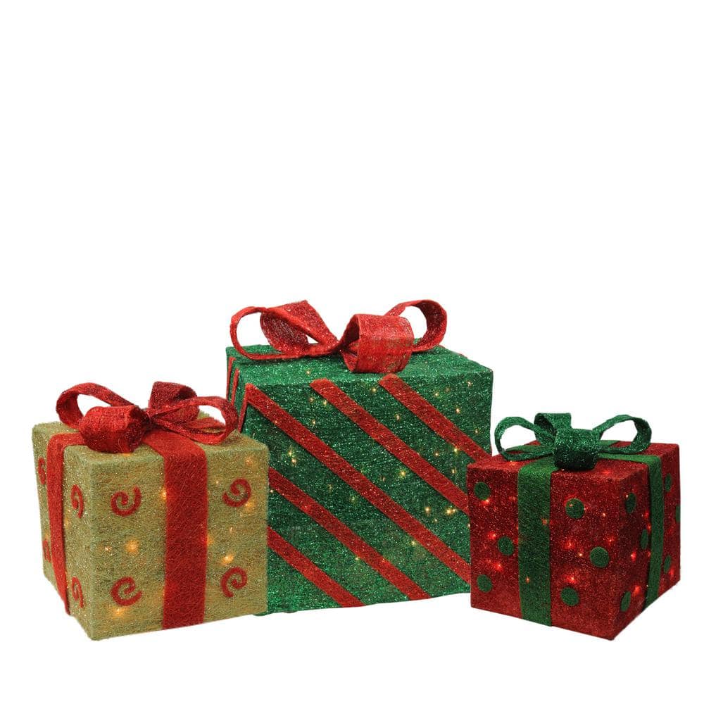 Northlight in. Christmas Outdoor Decorations Lighted Sparkling Gold Green and Red Sisal Gift Boxes (3-Pack) 32283872 - The Home Depot