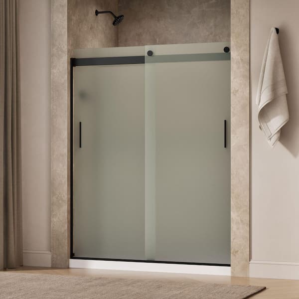 Levity 56-60 in. W x 74 in. H Sliding Frameless Shower Door in Matte Black with 1/4 in.Thick Frosted Tempered Glass