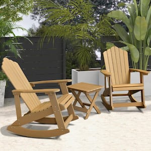 Acadia Teak Color 3-Piece Plastic Outdoor Patio Conversation Adirondack Rocking Chair Set with a Side Table