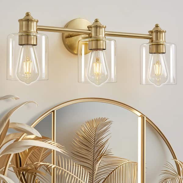 Deyidn Modern 22.44 in. 3-Light Gold Vanity Light with Clear Glass Shade Dimmable Bathroom Vanity Light