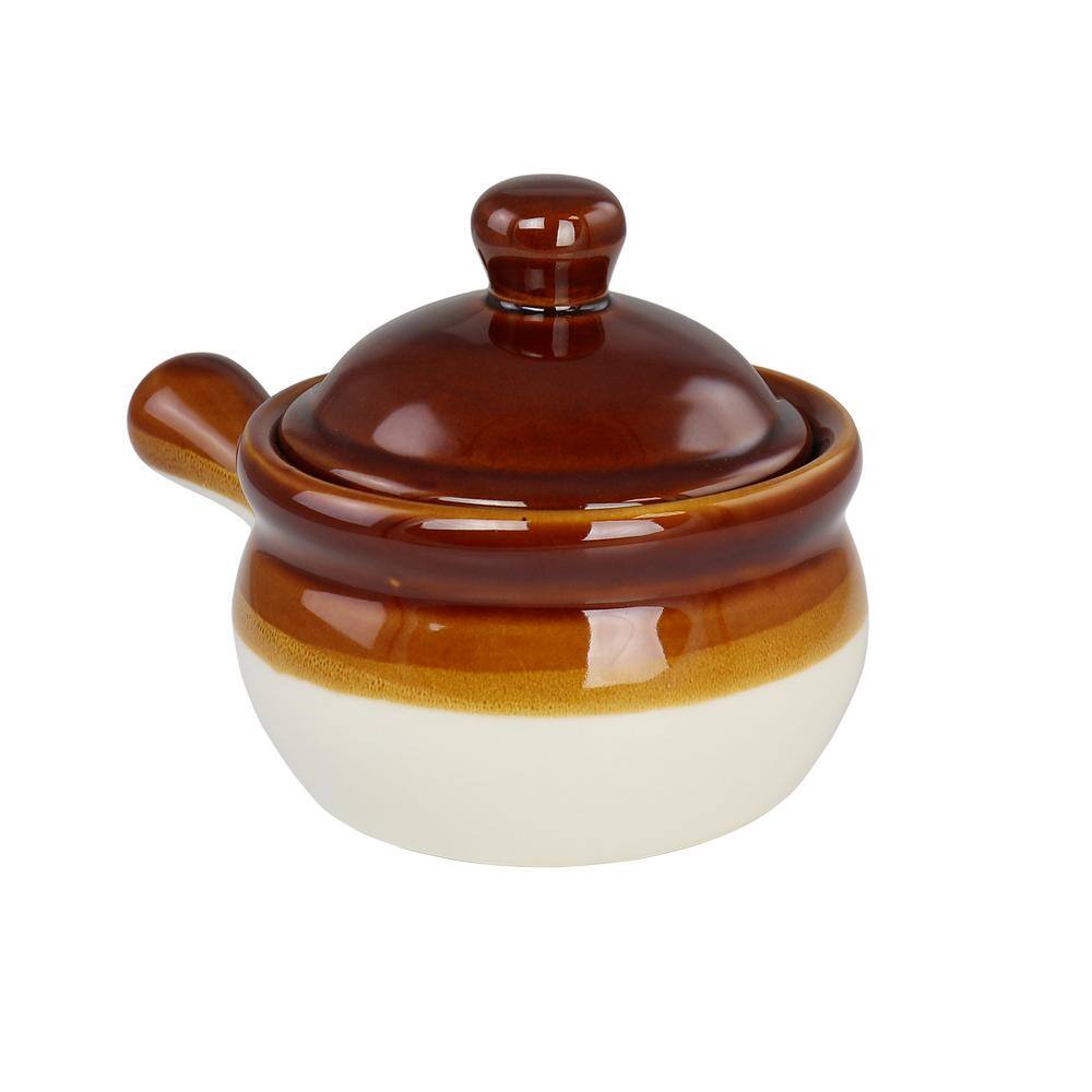 Brown and White Stoneware French Onion Soup Bowls with Lids, Set of 4
