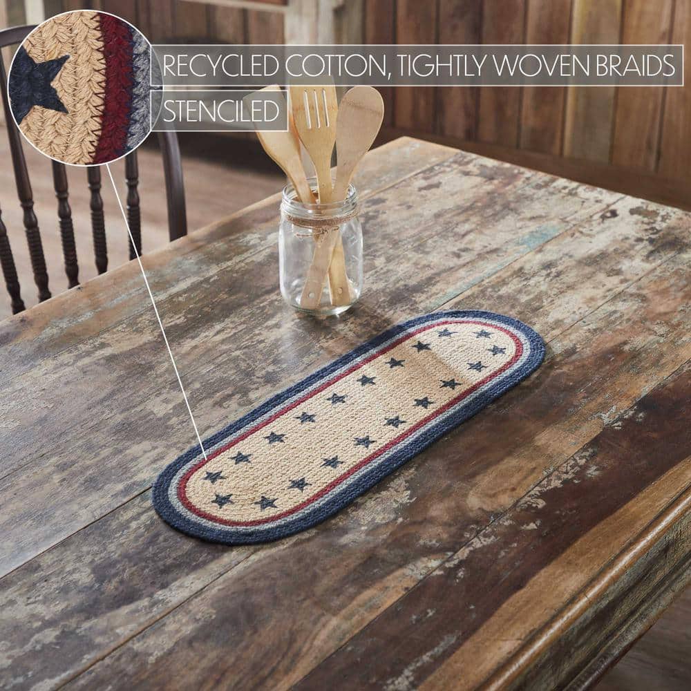 Navy and Natural Cotton Blend Oval Table Runner with Stenciled Stars