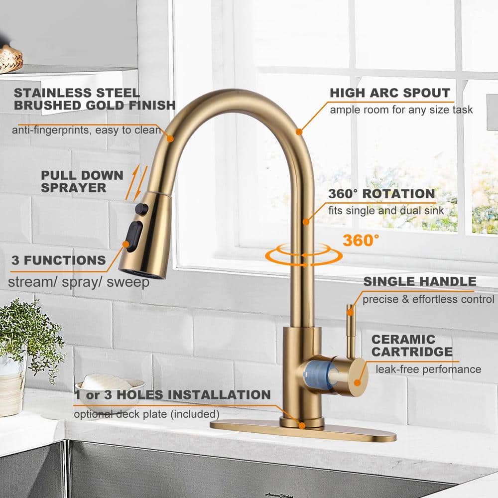 Brushed Gold Stainless Steel Pull Down Kitchen Faucet