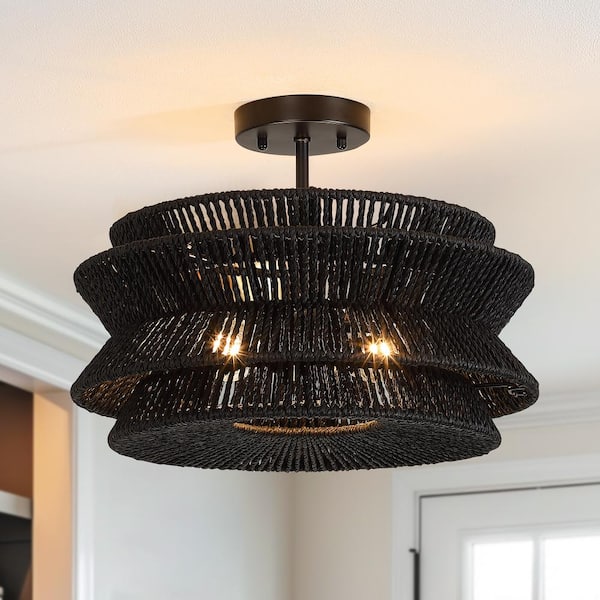 TRUE FINE Silvia 16 in. 2-Light Woven Rope Semi-Flush Mount Ceiling Light