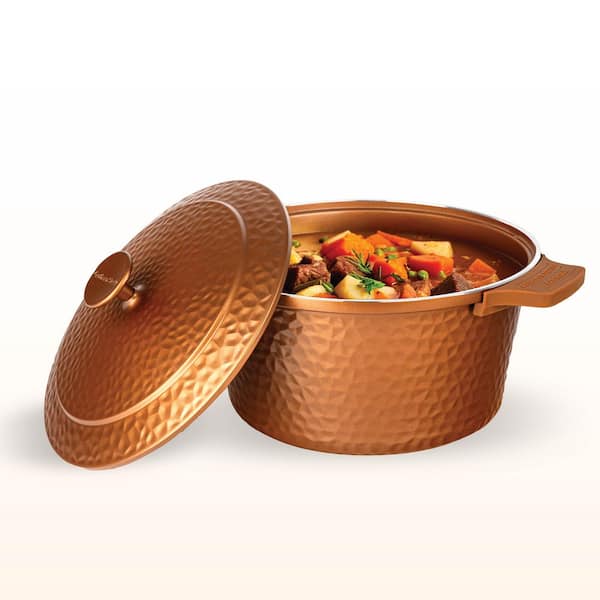 5 qt. Round Hammered Aluminum Ceramic Nonstick Dutch Oven in Copper with Silicone Handle Covers