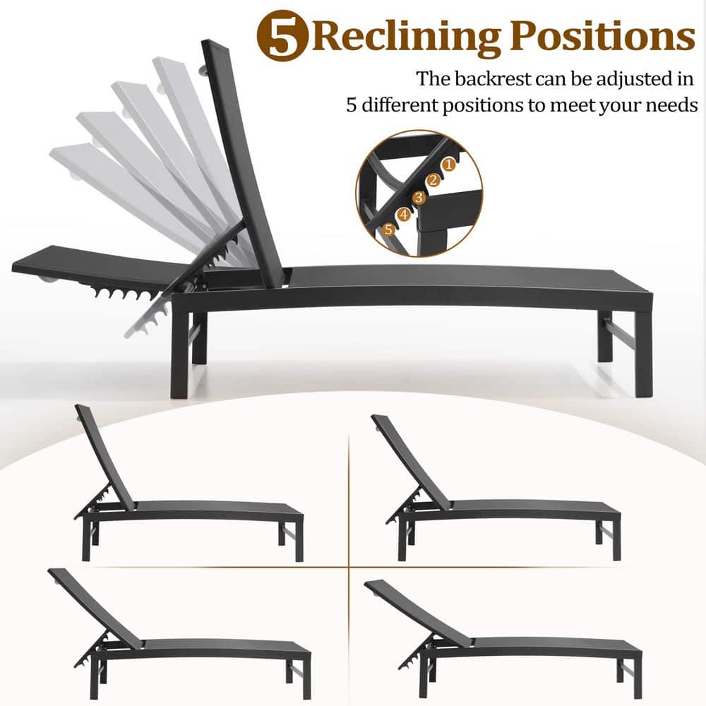 Black Adjustable Aluminum Outdoor Chaise Lounge Set with Wheels