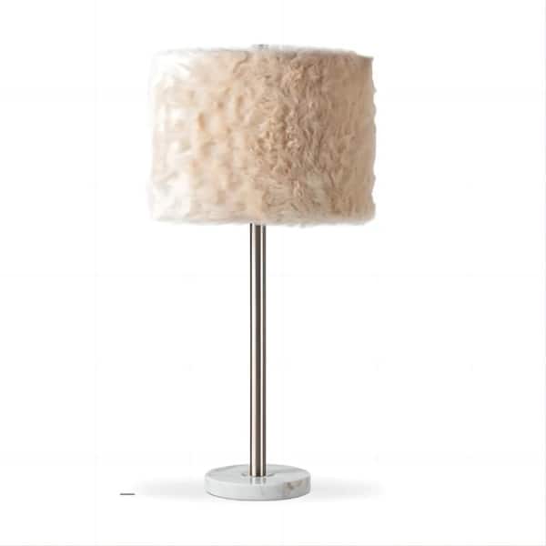 JAZAVA Maudestine 27 in. H Luxury Marble Sliver Bedside Table Lamp with Faux Fur Shades
