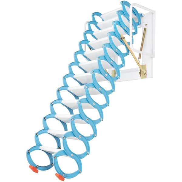 12-Steps Aluminum Alloy Folding Attic Ladder Wall-Mounted Collapsible Loft Stairs with Handrail Blue