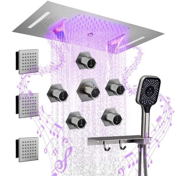 Luxury 7-Spray 23in x 15 in Thermostatic LED Ceiling Mount Dual Fixed and Handheld Shower Head 2.5 GPM in Brushed Nickel
