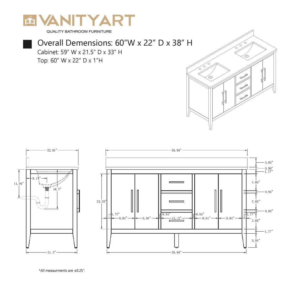 60" Driftwood Gray MDF Double Sink Freestanding Vanity with White Marble Top