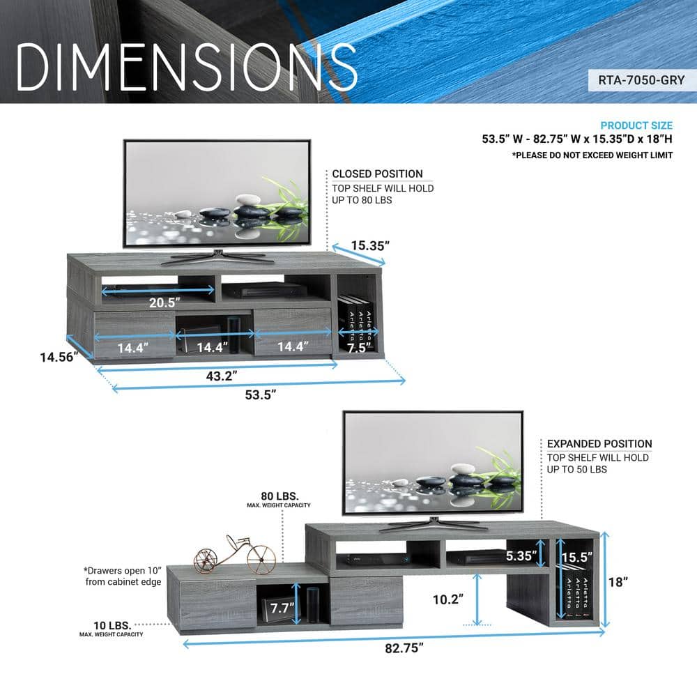 Gray MDF Expandable TV Stand with Shelves and Drawers