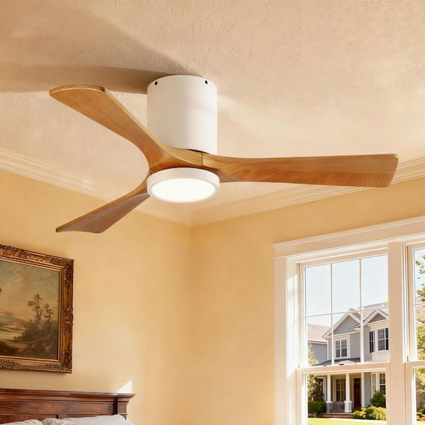 42 in. Indoor White Hugger Flush Mount Ceiling Fan with 3 Solid Dark Brown Wood Blades and Full Spectrum Light