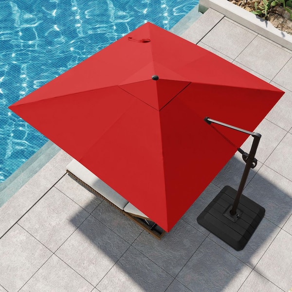 Pellebant 11 ft. Square Aluminum Heavy Duty Offset Cantilever Patio Umbrella in Red with Stand Weights for Deck Pool Garden