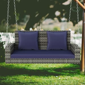 50 in. 2-person Gray Wicker Porch Swing with Blue Cushion and Reinforced Galvanized Steel Chain