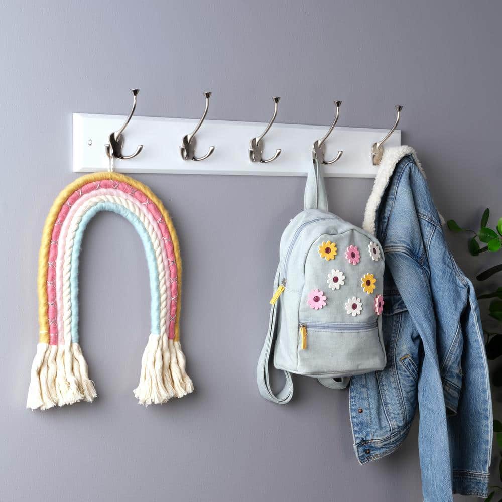 White Wall Mounted Coat Rack with 5 Silver Metal Hooks