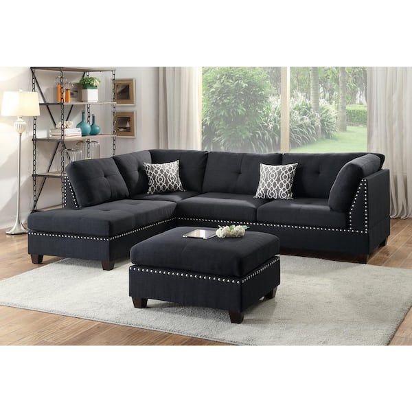 104 in. Bobkona 3-Piece Polyester 6-Seater L-Shaped Sectional Sofa with Ottoman in Black