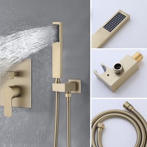 12 in. Single Handle 2-Spray Round Rainfall Spout & Dual Shower Heads Shower Faucet 2 GPM with Waterfall in Brushed Gold