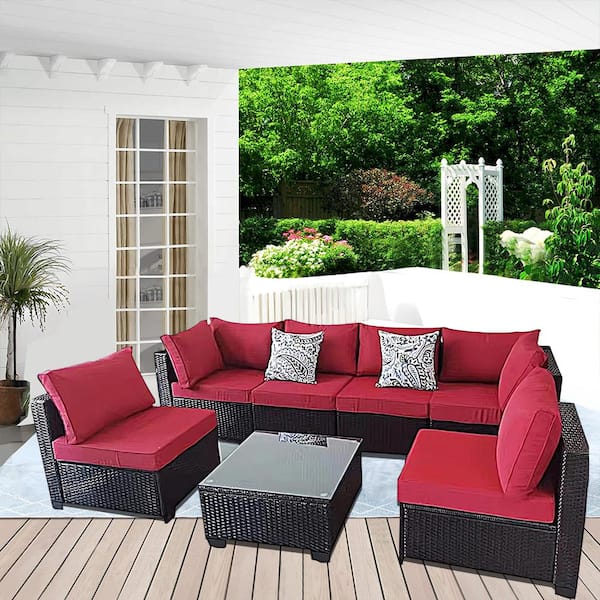Runesay Outdoor Coffee 7-Piece Wicker Patio Conversation Set with Red Cushions and Pillows