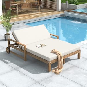 Wood Outdoor Chaise Lounge Day Bed with Adjustable Backrest and Beige Cushions