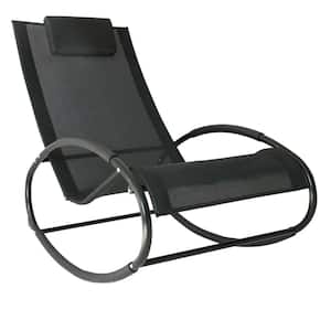 Metal Outdoor Rocking Chair Ergonomic Pool Lounger with Removable Padded Headrest and Mesh High Back in Black