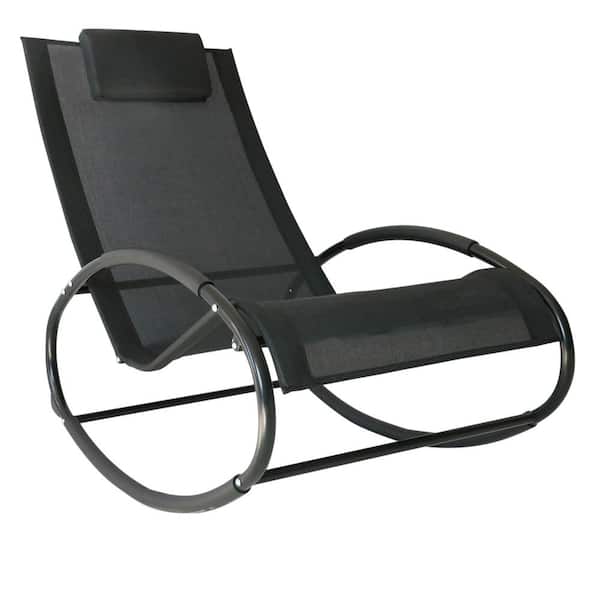 Otryad Metal Outdoor Rocking Chair Ergonomic Pool Lounger with Removable Padded Headrest and Mesh High Back in Black