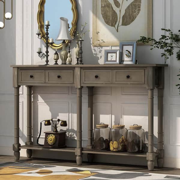 Harper & Bright Designs 58 in. Gray Wash Standard Rectangle Wood Console Table with Drawers